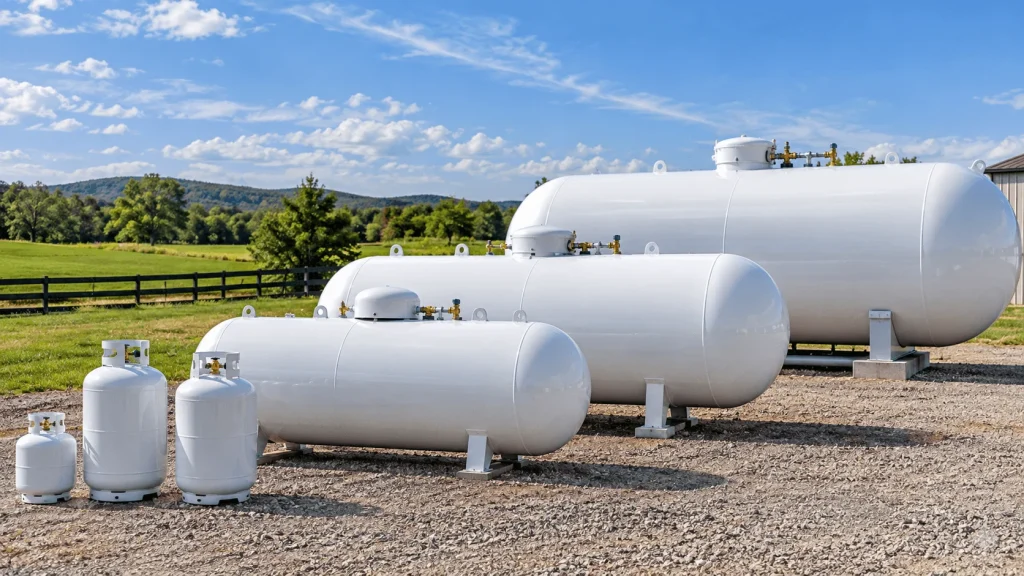 Propane storage tanks of different sizes arranged outdoors for comparison